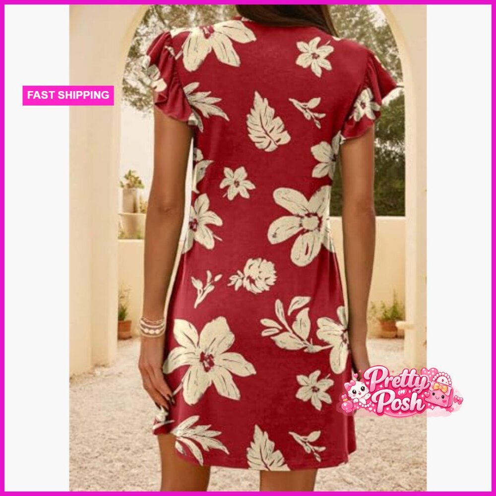 Polyester Elastane V-Neck Ruffle Sleeve Mini Sund… - image 4